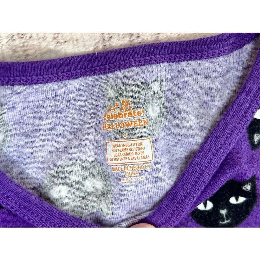 Celebrate‎ Halloween Purple Black Cats Sleepwear Knit Pajama Set 8 Spooky Fun